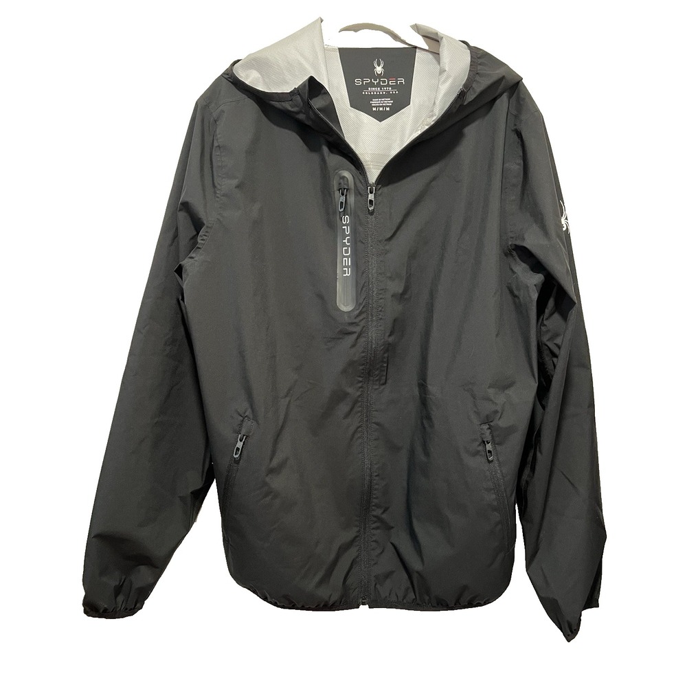 Spyder Men's Medium Black Hooded Full Zip Windbreaker Jacket Outdoor Travel 46"